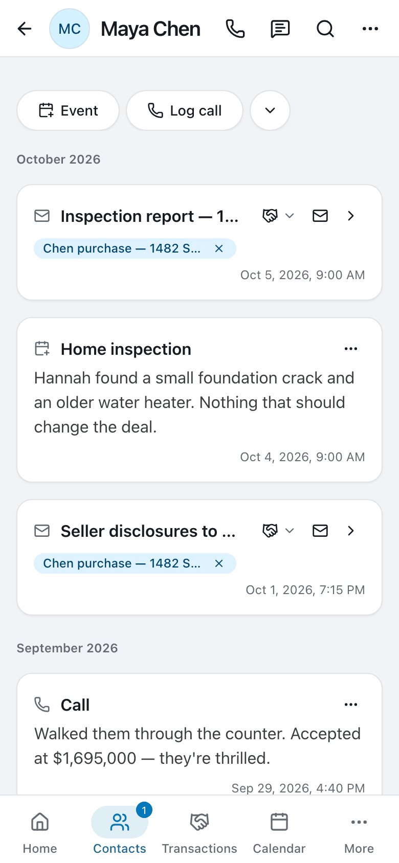 A client's timeline: an inspection note, a call and the accepted offer
