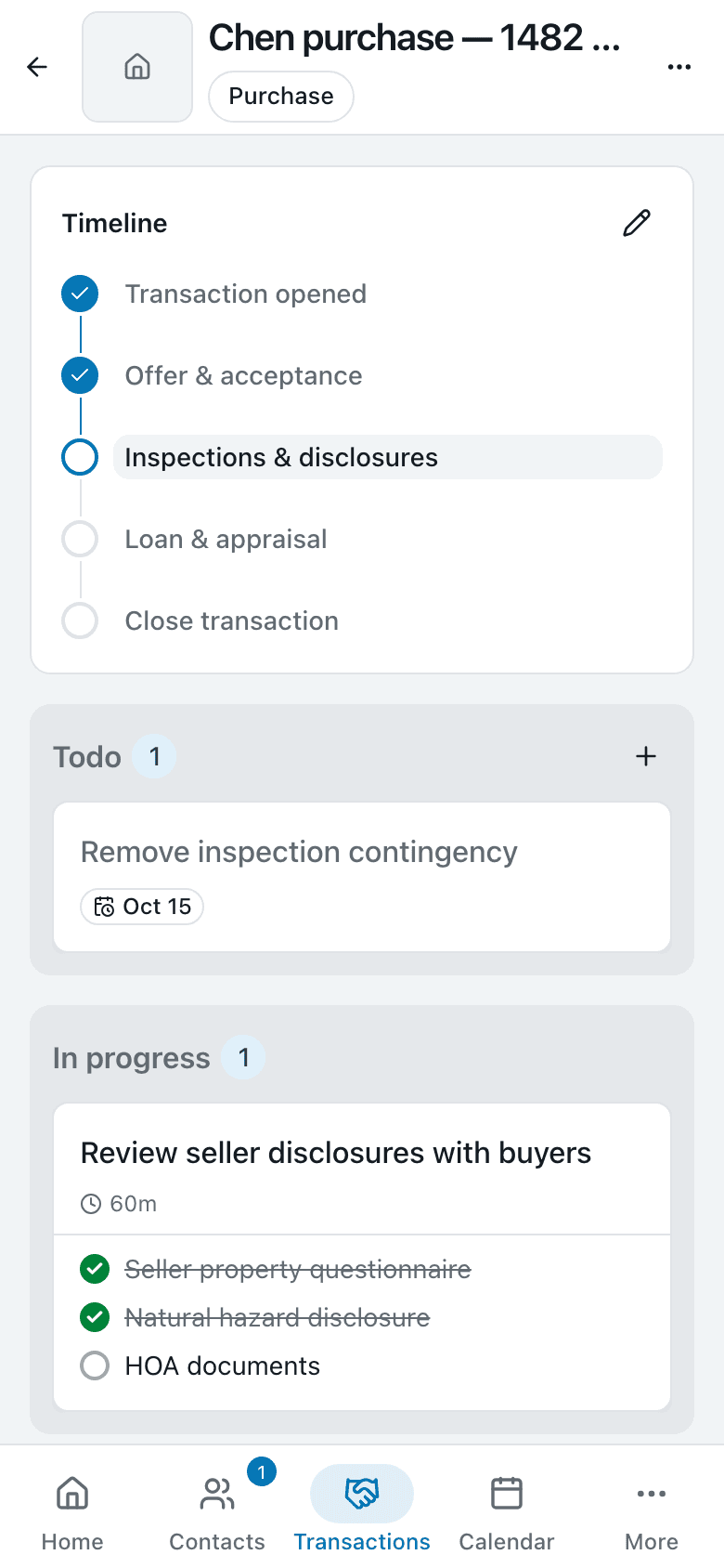 A purchase's timeline and to-do list on a phone